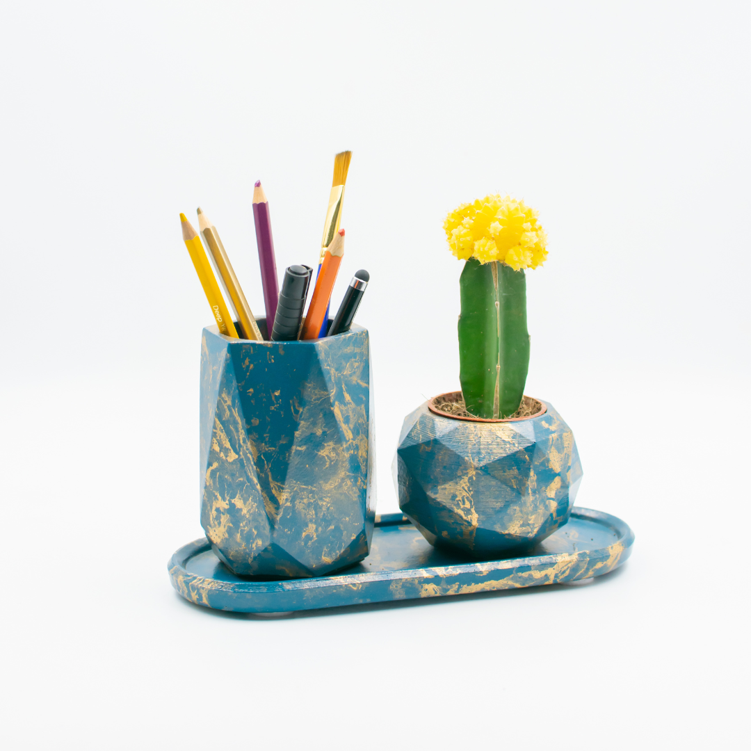 Pen stand with small planter and tray (Cyan with Golden texture)