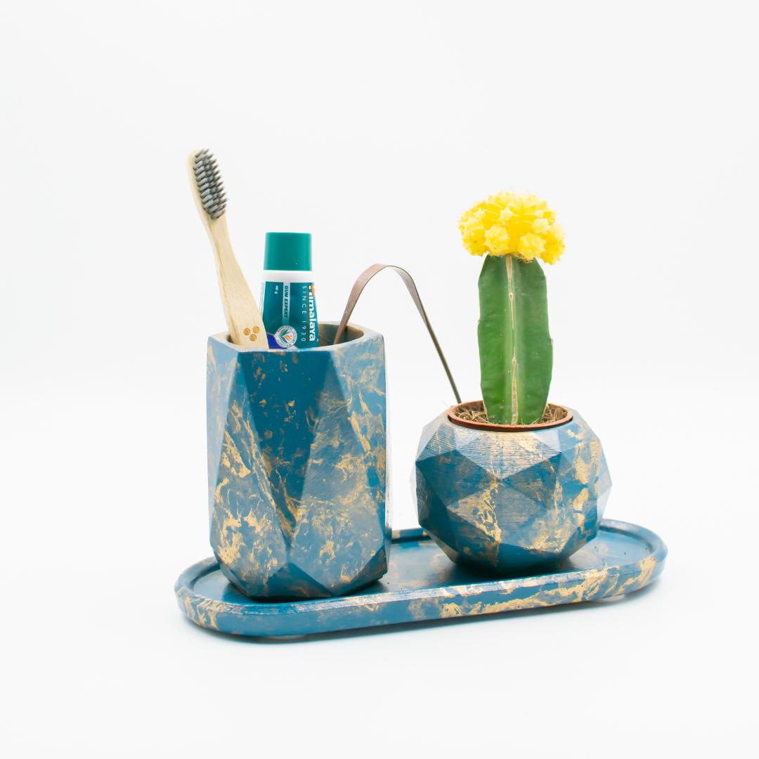 Pen stand with small planter and tray (Cyan with Golden texture)