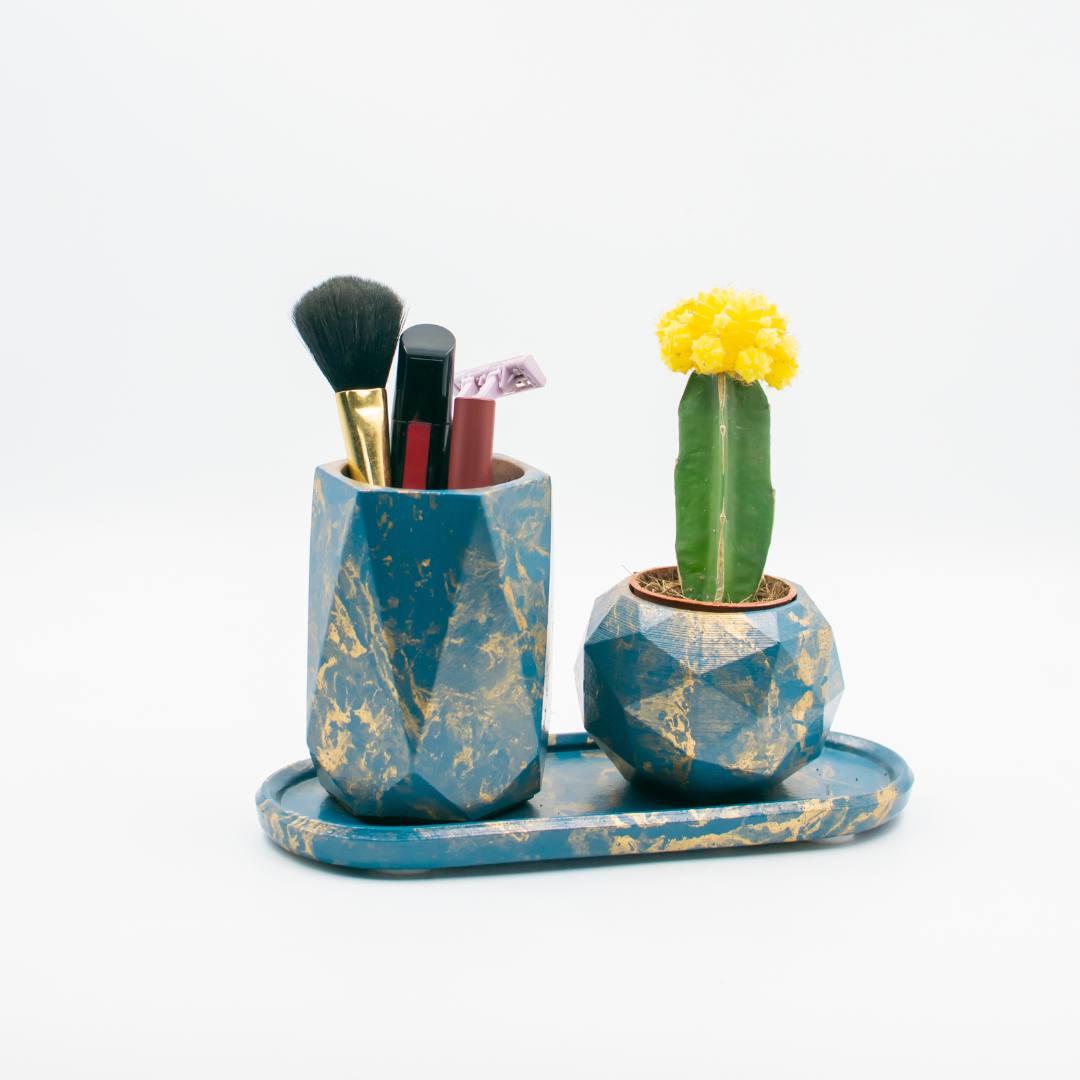 Pen stand with small planter and tray (Cyan with Golden texture)