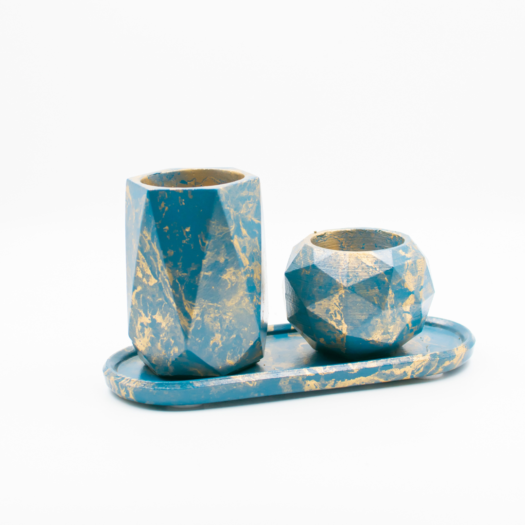 Pen stand with small planter and tray (Cyan with Golden texture)