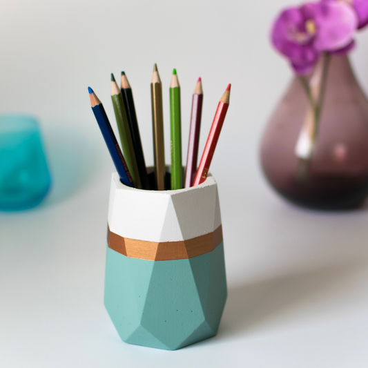 Dwell dapper - Pen holder (White & Teal with bronze strap)