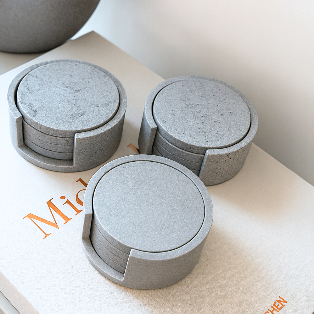 Concrete Coaster Set with Holder (Set of 4) (Grey)